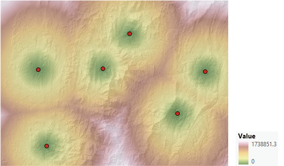 Map of accumulative cost distance from six points